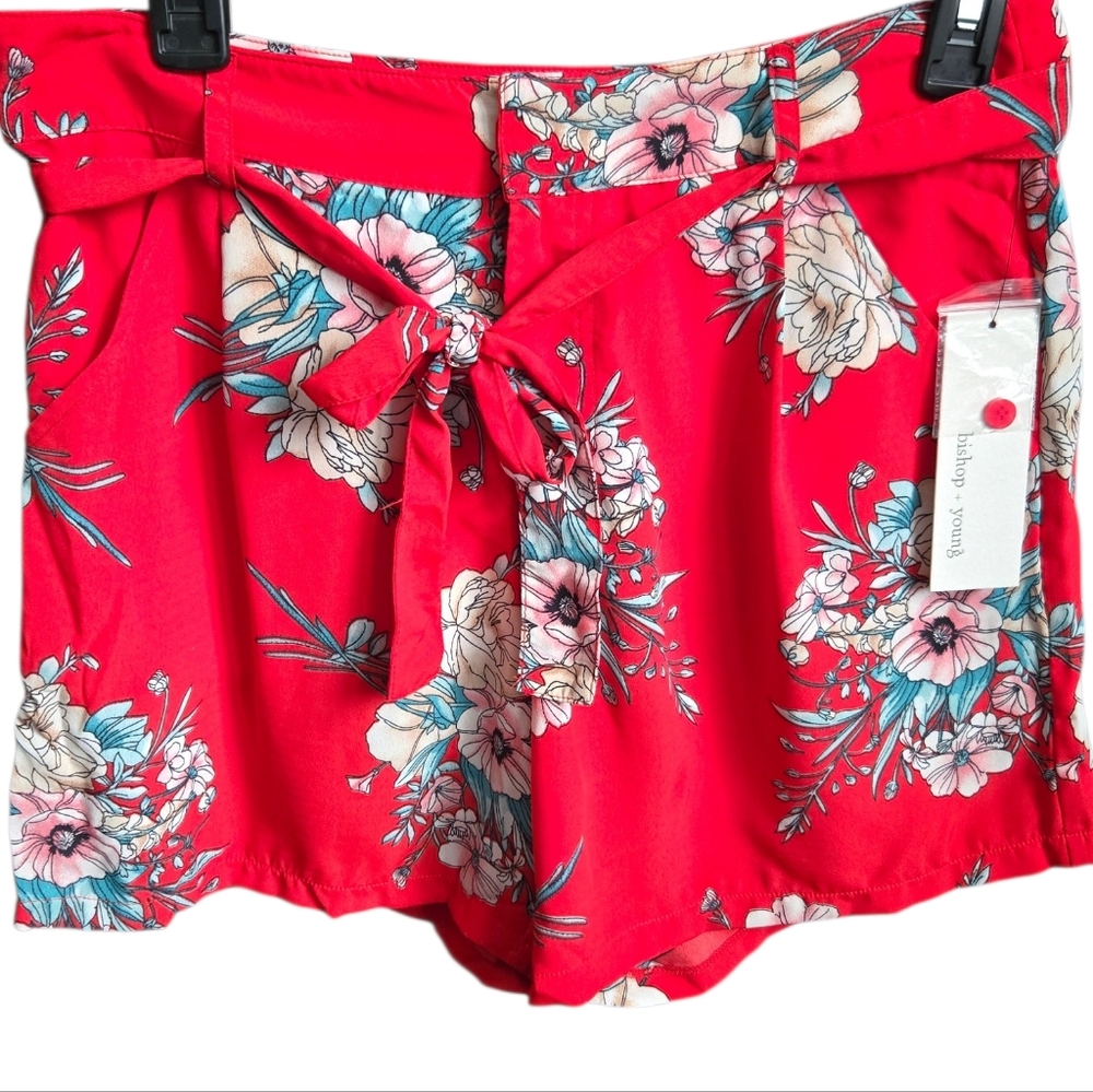Bishop + Young Wild Heart Red Pink Floral Tie Waist Shorts Small NWT